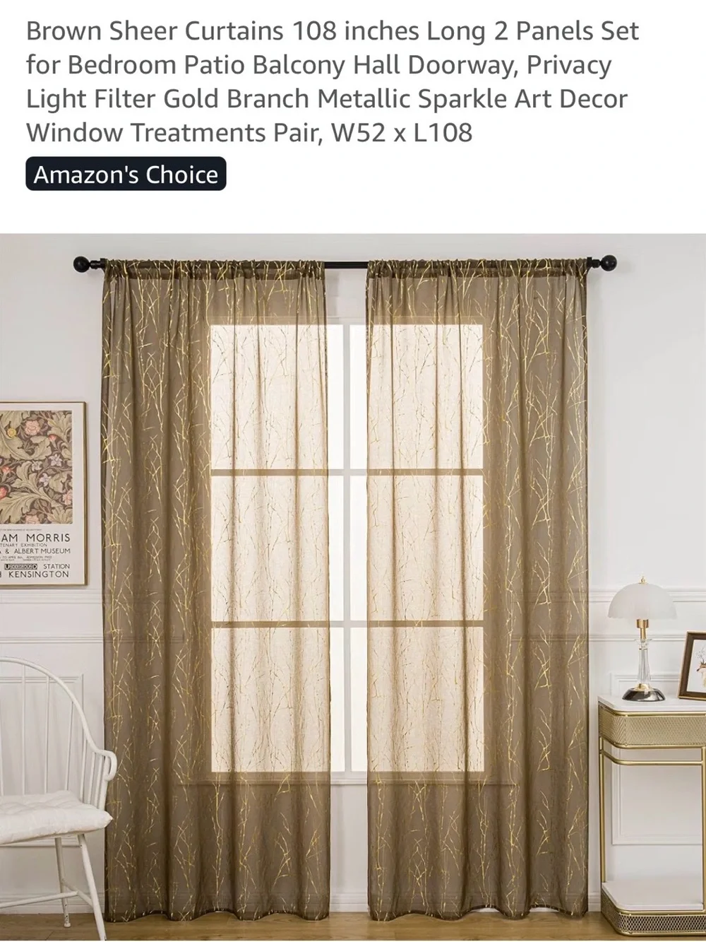 Metallic Gold Branch Sheer Curtain Panels - 3 Pair